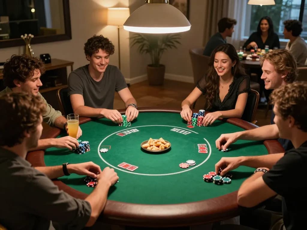 Friends enjoying a poker game at home, emphasizing the engaging atmosphere of uk88 com games.