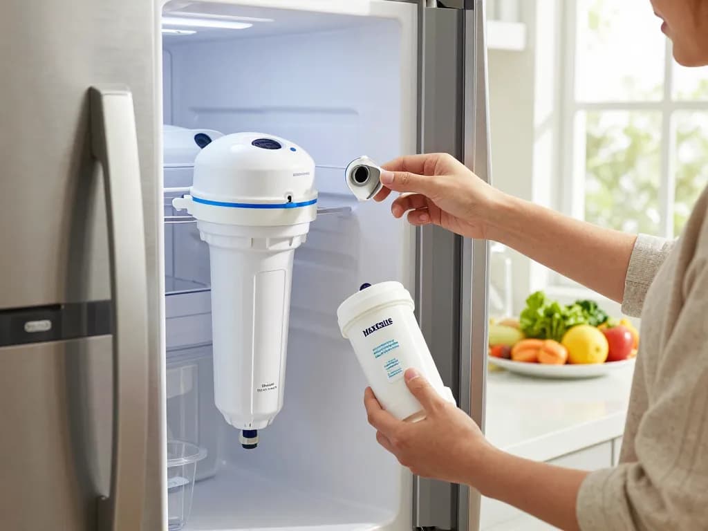 Replacing Maxblue Replacement for Samsung DA29-00020B water filter in a bright home kitchen, highlighting fresh ingredients and care.