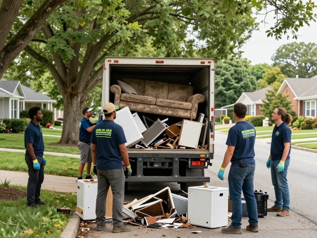JUNK REMOVAL SERVICES team efficiently hauling away old furniture and appliances in a suburban neighborhood.