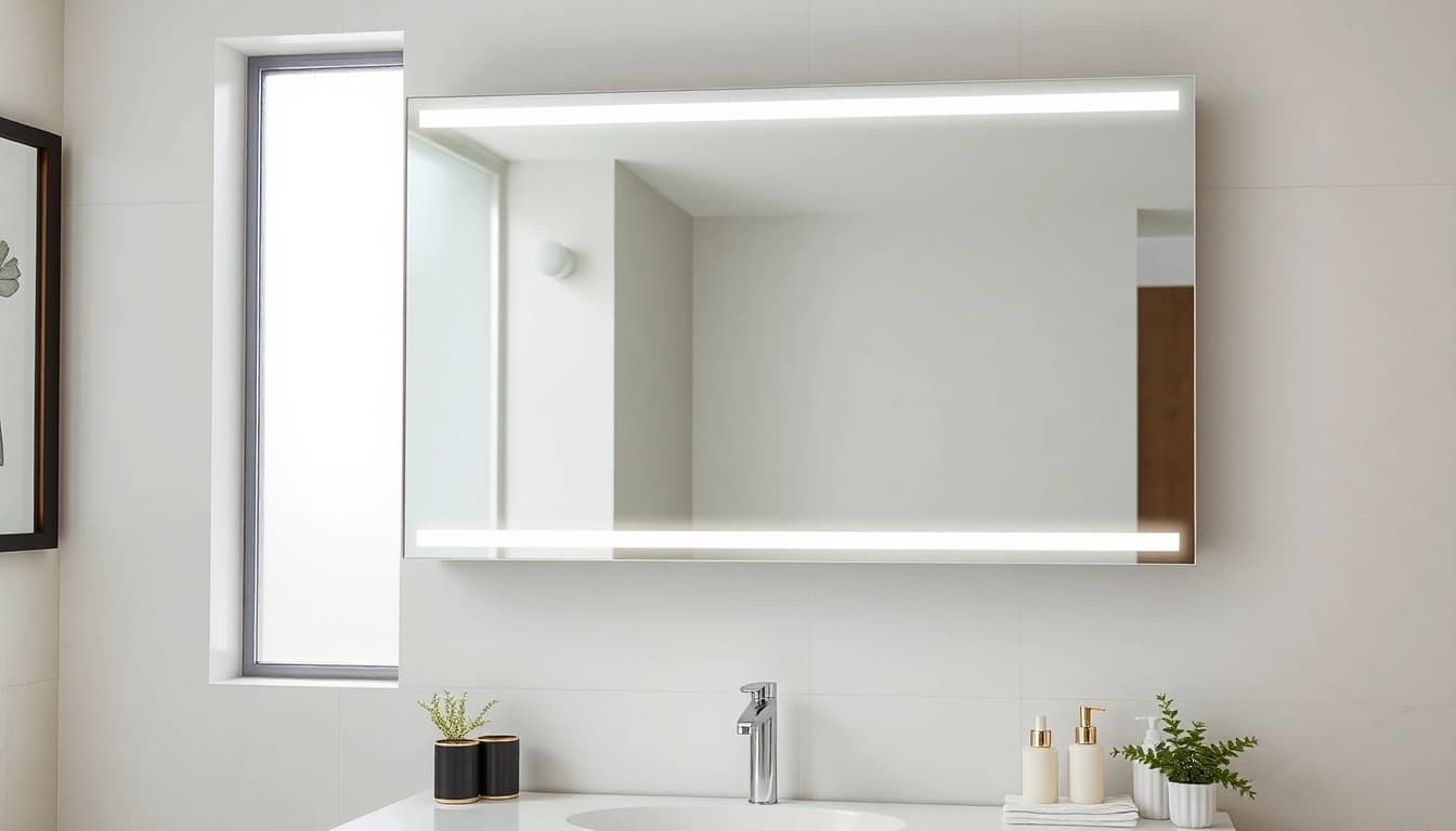 Admire this elegant bathroom mirror enhancing a stylish modern setting with integrated lighting.