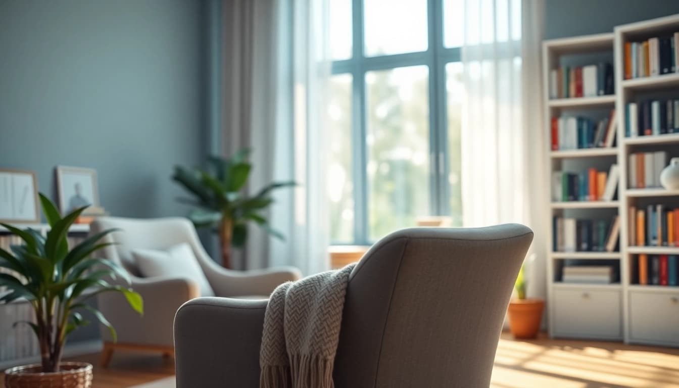 Helping individuals manage stress and anxiety in a serene therapy room.