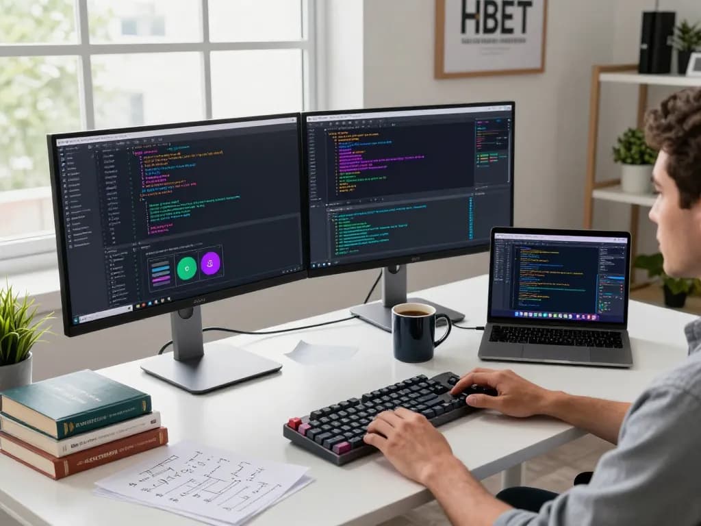 Developer coding in a modern workspace, showcasing hbet software tools and vibrant screens.