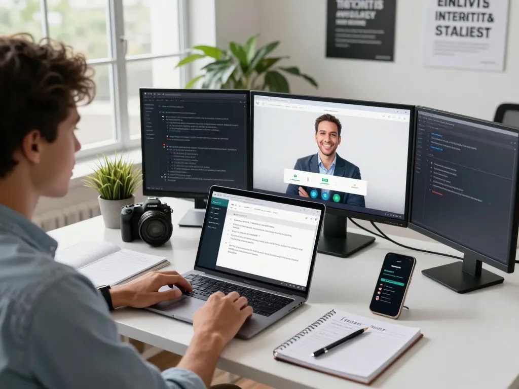 AI interview preparation scene with live suggestions aiding mock interview practice.