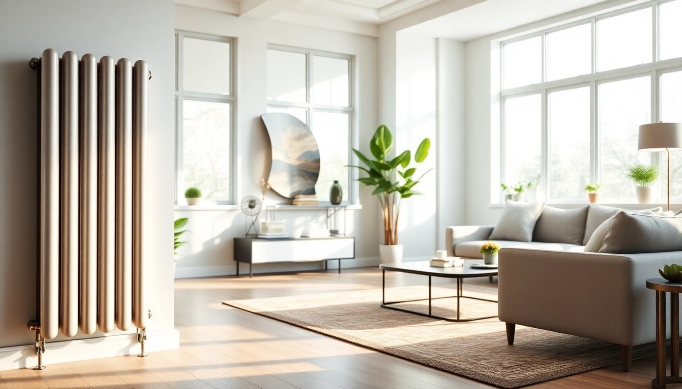 Heizkörper kaufen: Eleganter, moderner Heizkörper in stilvollem Wohnzimmer zur optimalen Klimatisierung.