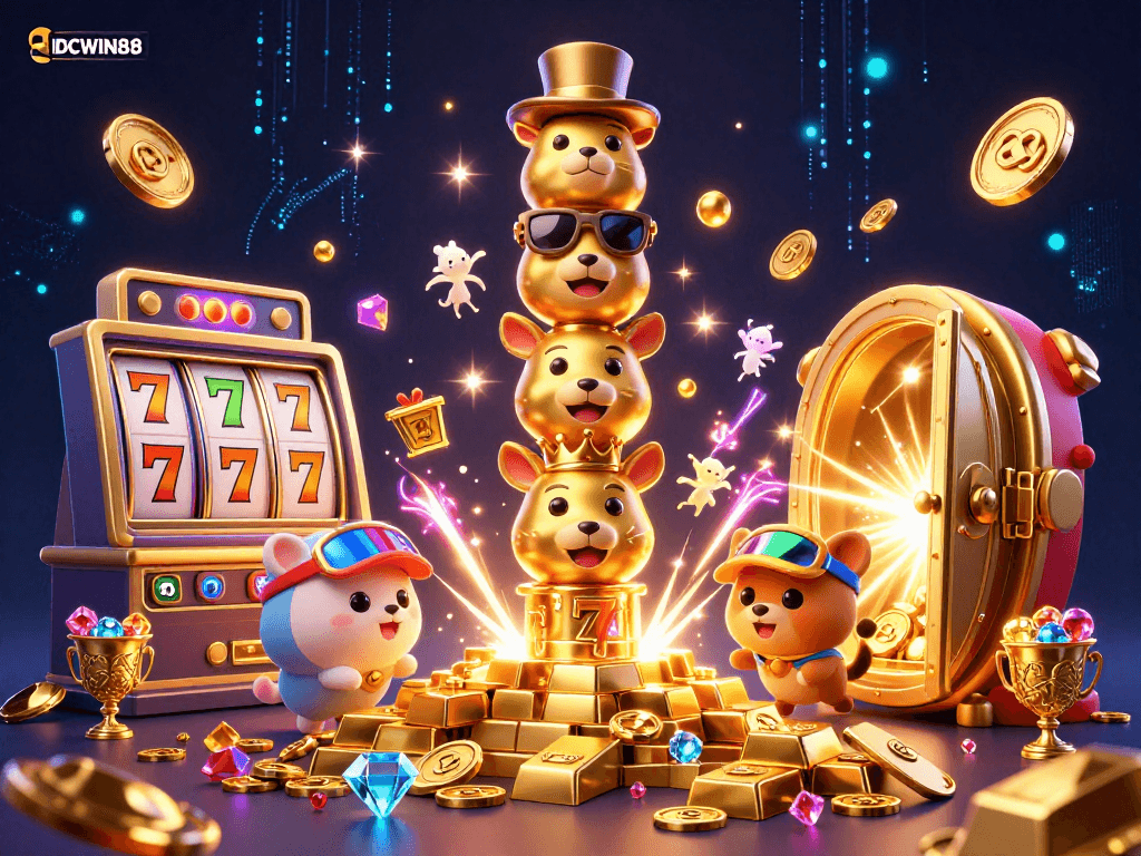 Experience thrilling gaming action with IDCWIN88, featuring vibrant casino elements and engaging character designs.