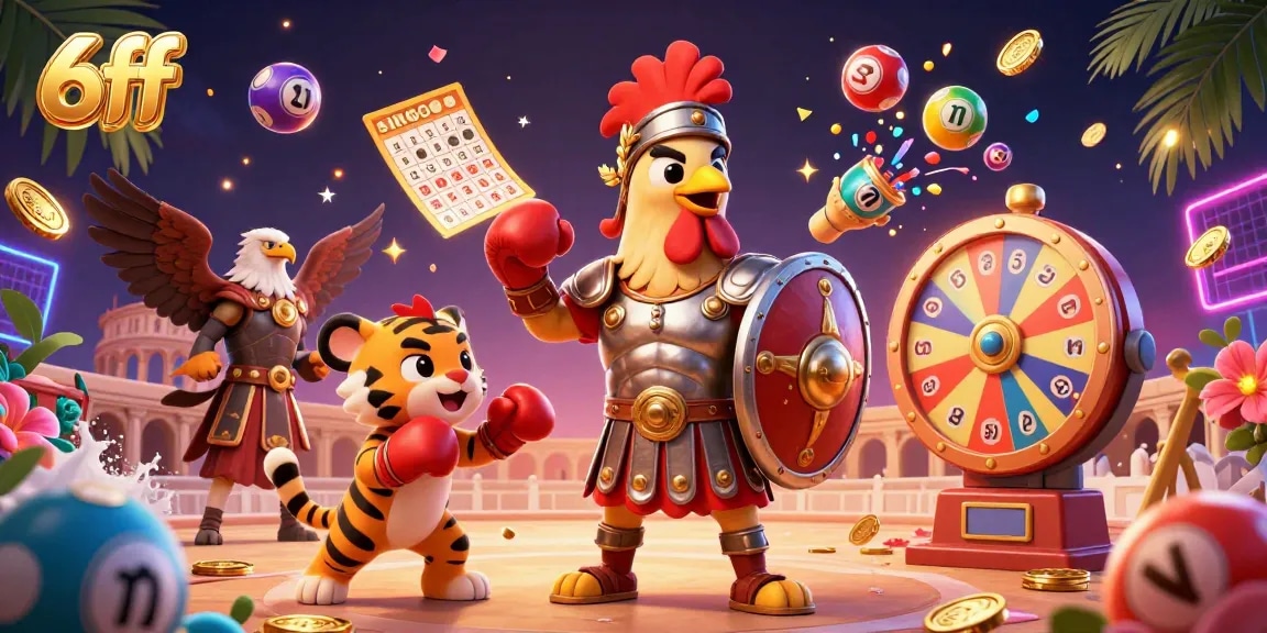 Engage with 6ff's dynamic 3D casino scene featuring a gladiator rooster amidst lively gaming elements.