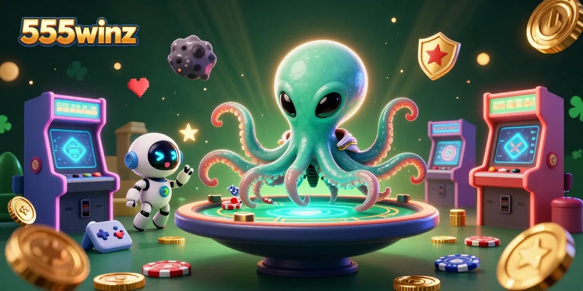 Experience thrilling poker action with 555winz, featuring an alien octopus and holographic table.