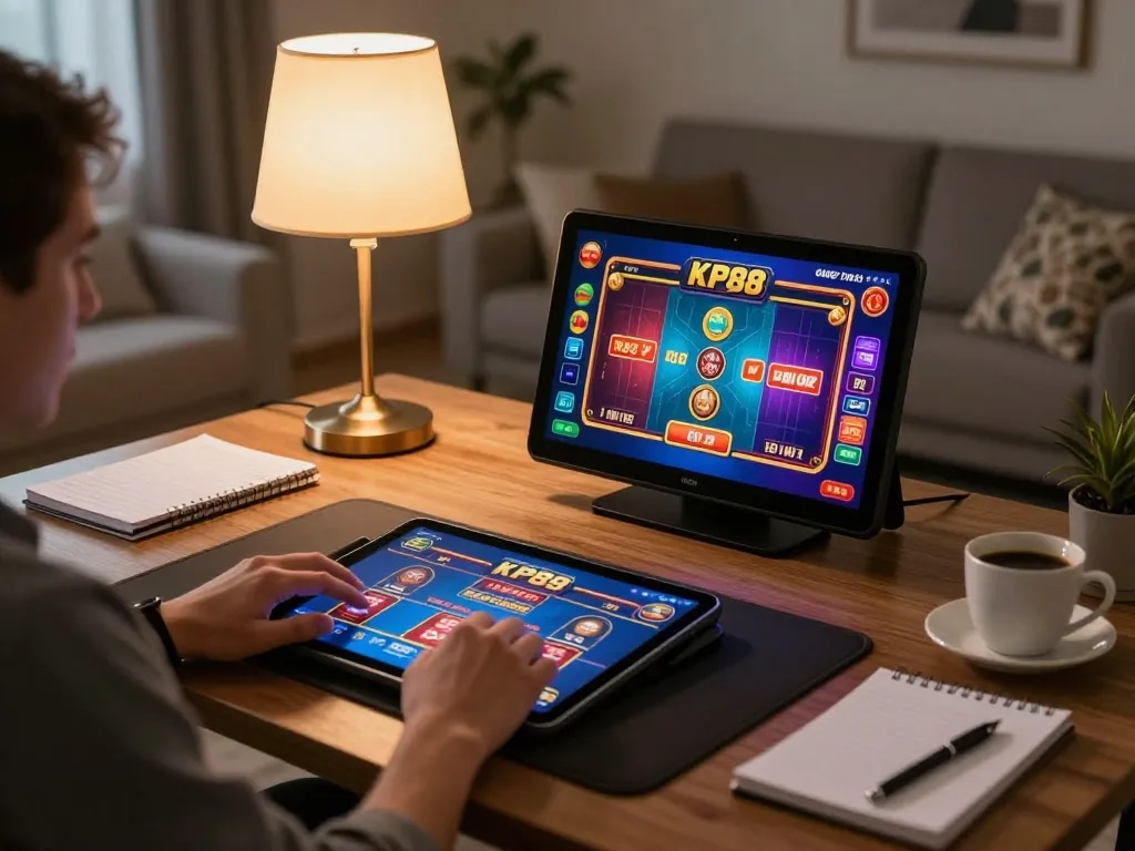 Player enjoying KP88 online slot games on a tablet with vibrant screen display, showcasing an engaging gaming experience.
