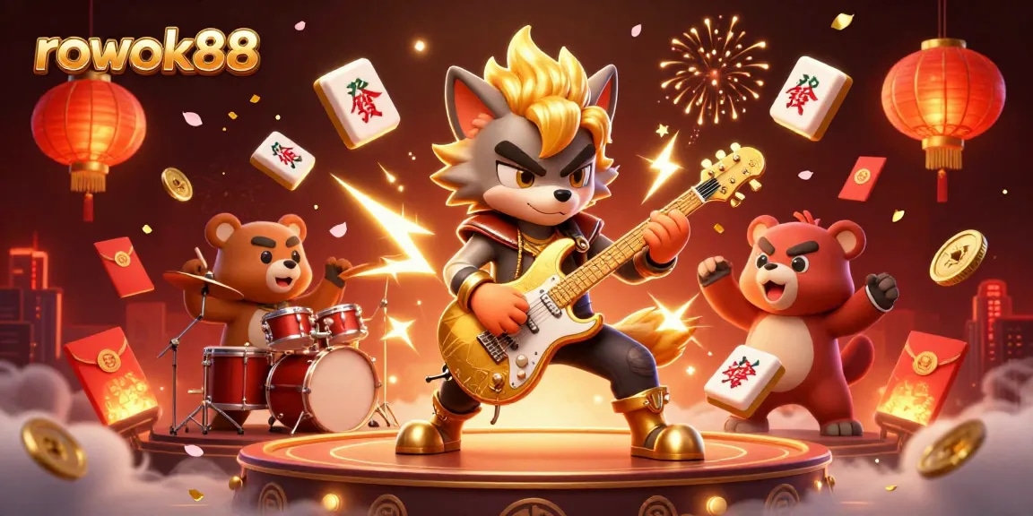 Experience the vibrant rokok88 casino scene with a rock star wolf and dynamic visuals.