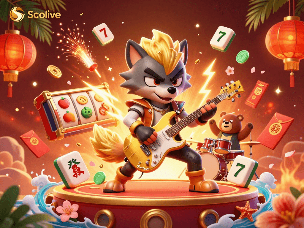 Socolive's engaging casino scene features a rock star wolf with slot machines, drums, and festive elements.