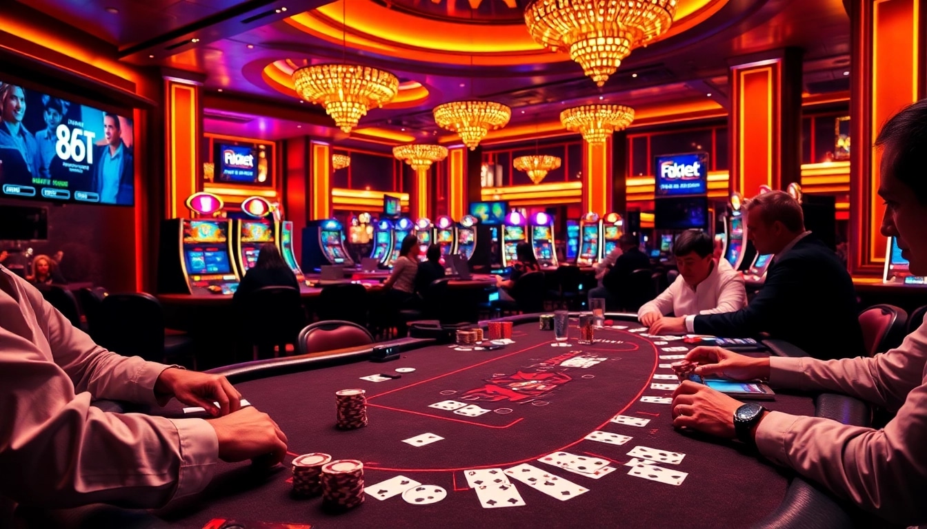 Experience high-stakes gambling at 8kbet with a lavish poker table and vibrant casino atmosphere.