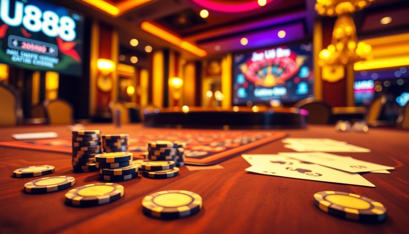 Experience thrilling gameplay at U888's luxurious casino table with vibrant poker chips and cards.