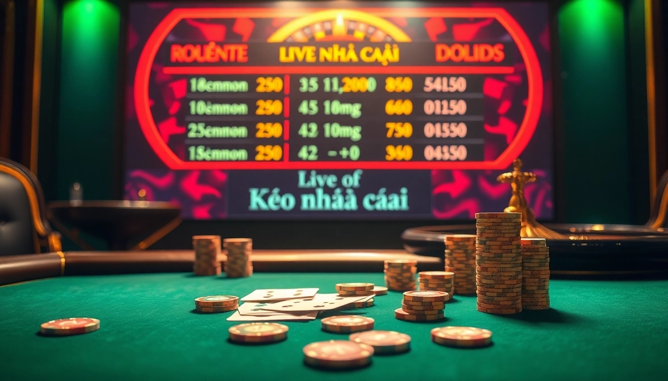 Kèo nhà cái displayed prominently on a live betting board in an elegant casino setting.