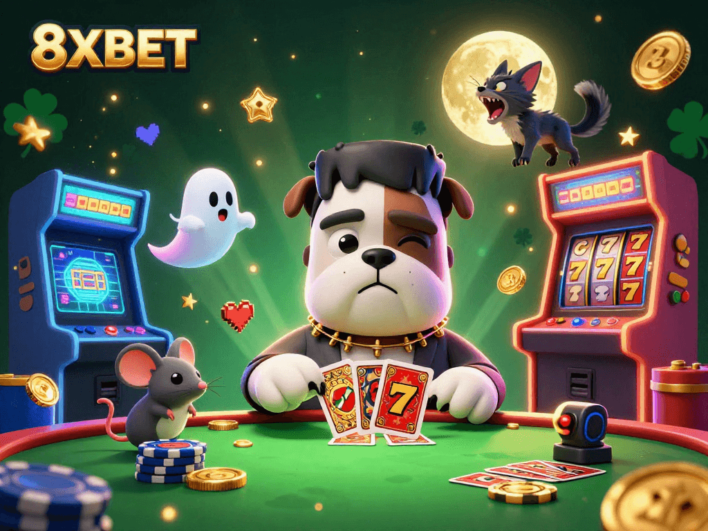 Engage in thrilling games at 8XBET with a vibrant casino atmosphere featuring unique characters.