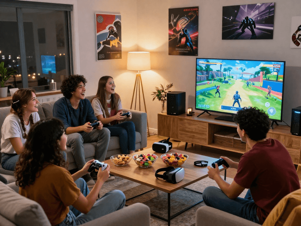 Engaging gaming moment with friends enjoying rokok88 simulation games in a cozy living room.