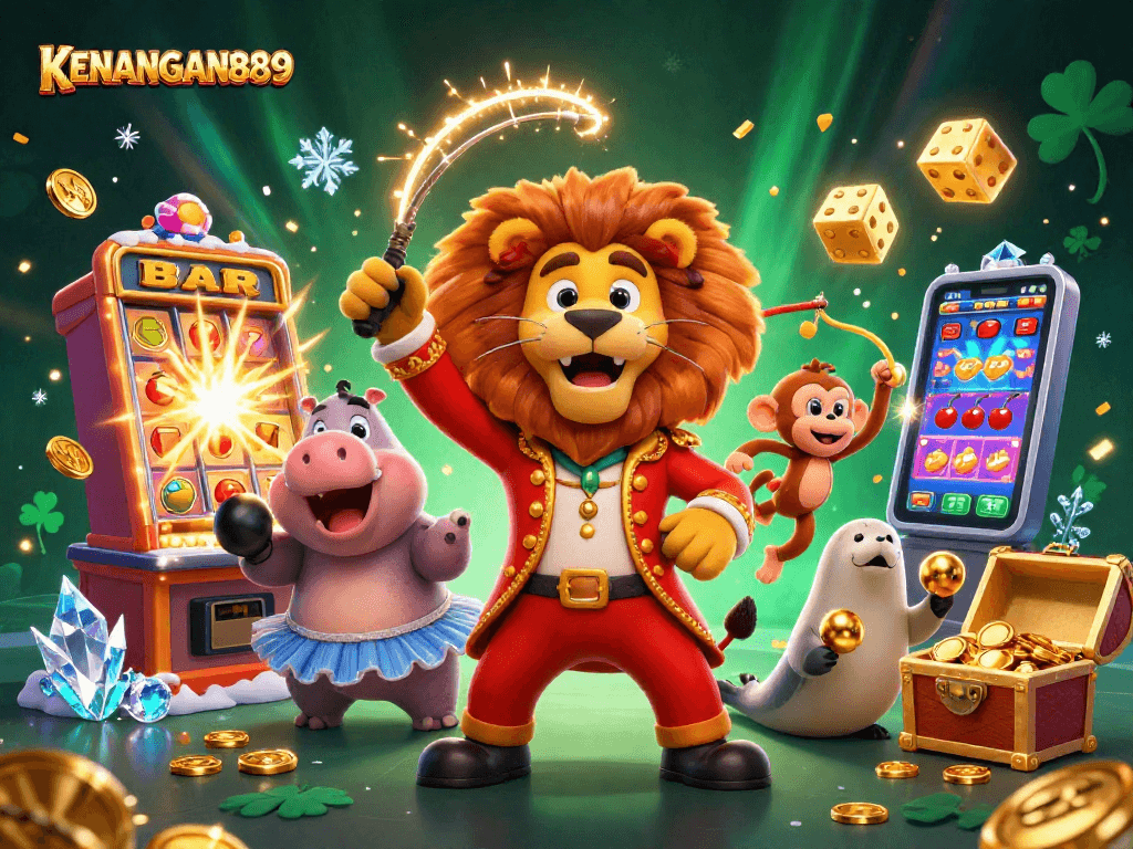 Experience thrilling wins with KENANGAN889's vibrant 3D illustration showcasing dynamic casino elements and characters.