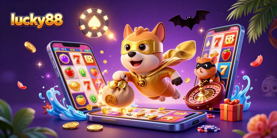 Spin to win with lucky88 as the 3D superhero dog and hamster celebrate casino riches.