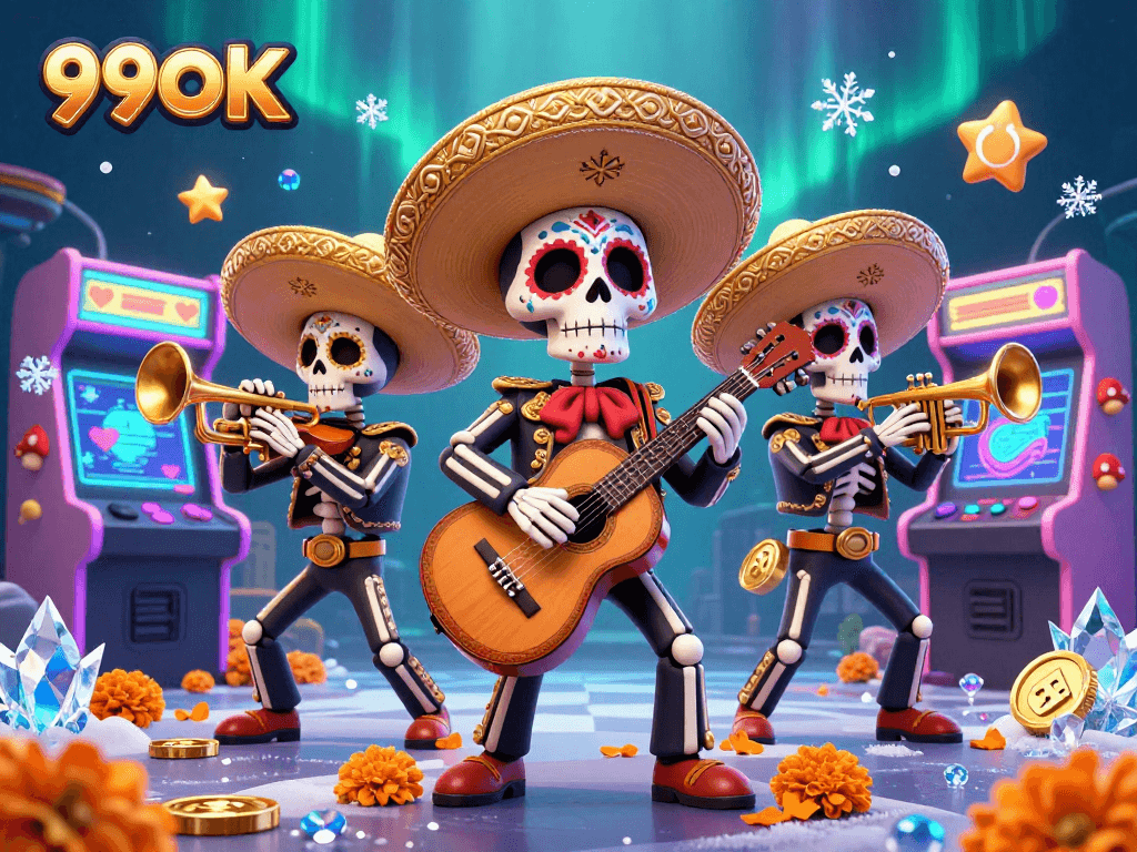 Immerse in 99OK’s colorful 3D representation featuring a mariachi band and gaming elements, enhancing your casino experience.