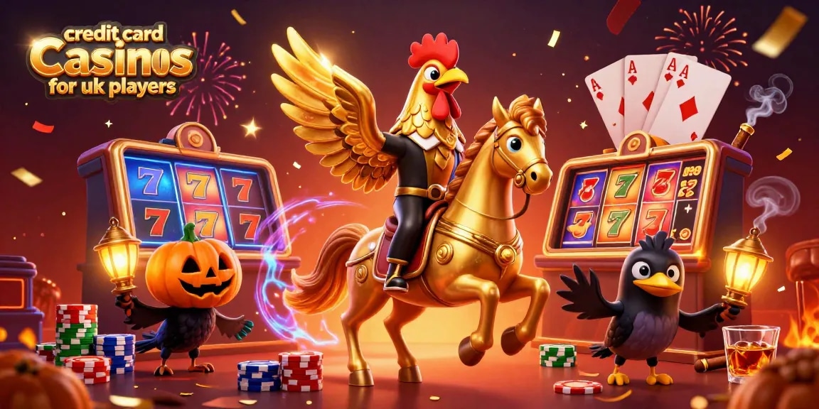 Engage in the vibrant world of credit card casinos for UK players, featuring a golden rooster and dynamic gaming elements.