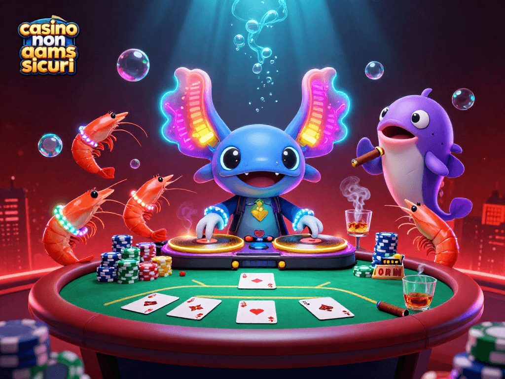 Illustrazione che promuove casino non AAMS sicuri con DJ axolotl 3D, gamberi danzanti e elementi da poker.