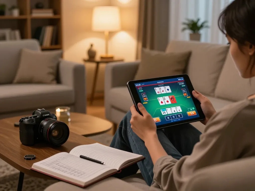 Player engaging in online poker on F168 with strategy notes nearby, illustrating a relaxed gaming experience.