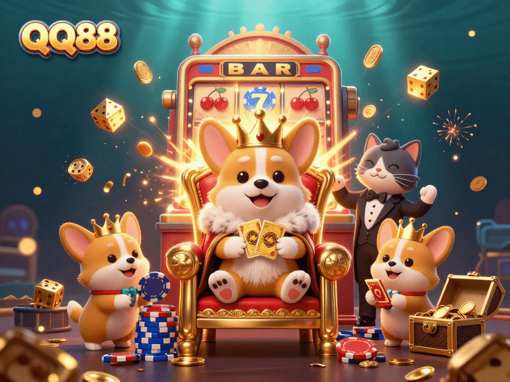 Win big with QQ88 in a vibrant casino scene featuring royal corgi characters and thrilling game elements.