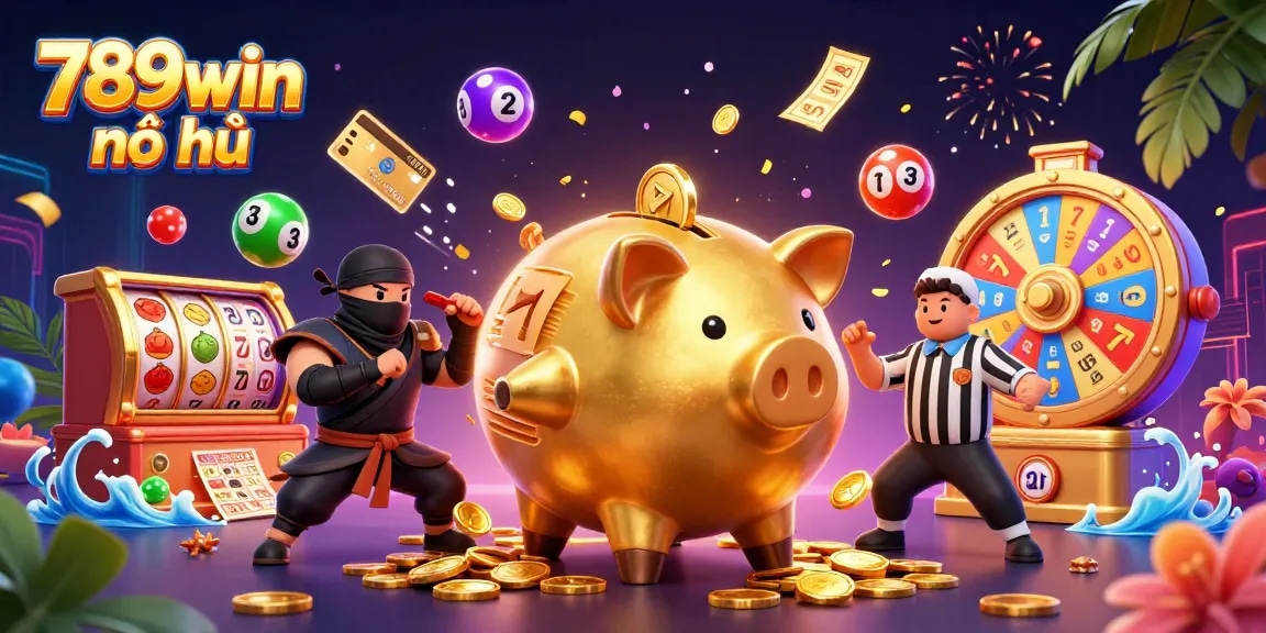 Engage with 789win nổ hũ featuring a dynamic 3D casino scene of a golden piggy bank sumo wrestler, colorful elements and thrilling action.