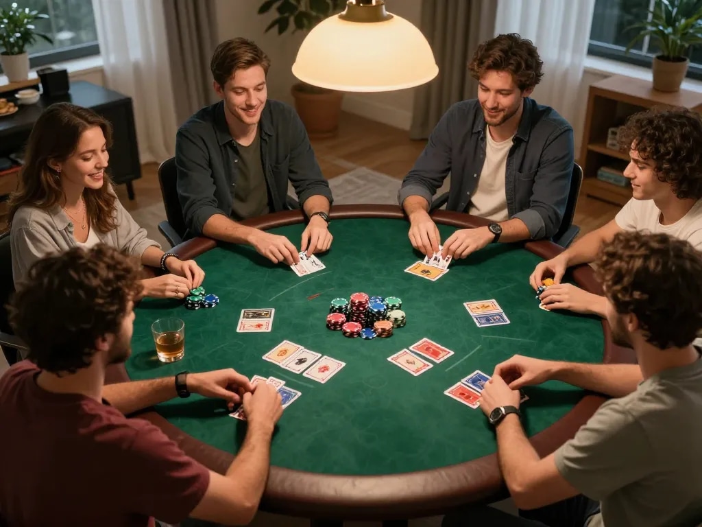 Players enjoying an exciting poker game at home, showcasing CM88's competitive spirit and social atmosphere.