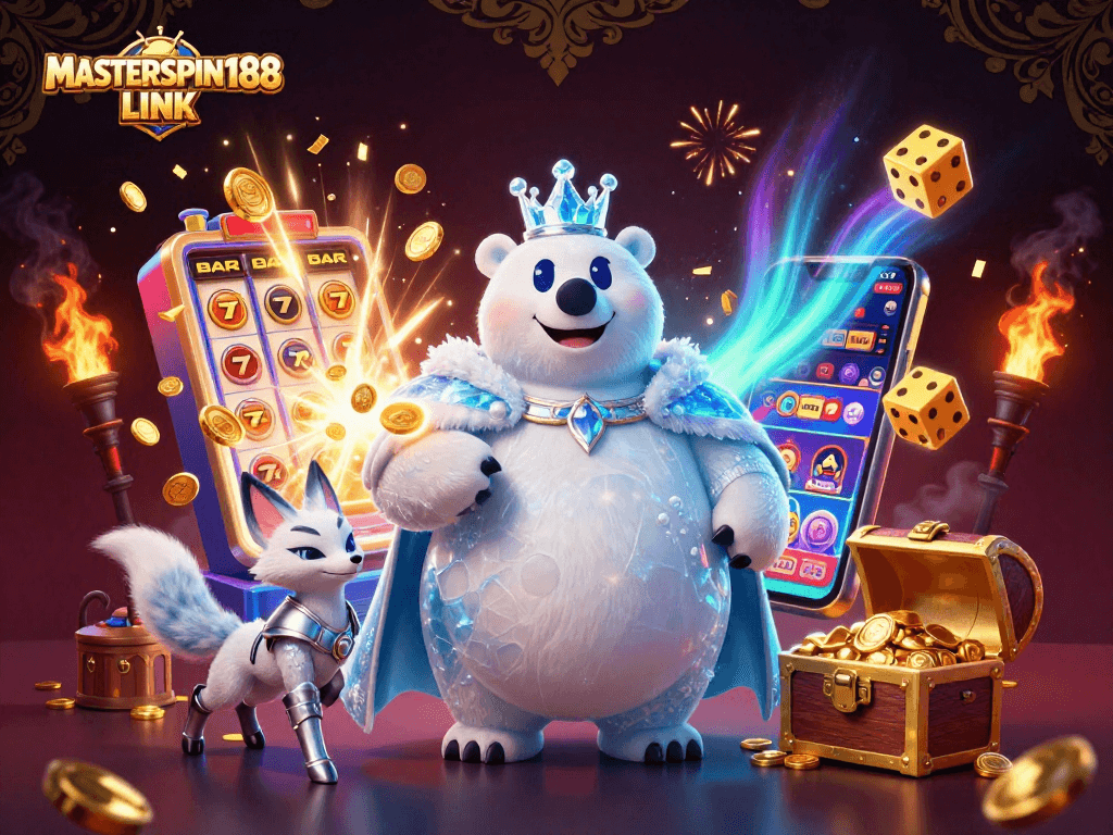 Join the excitement of MASTERSPIN188 LINK with a vibrant casino illustration showcasing slot action.
