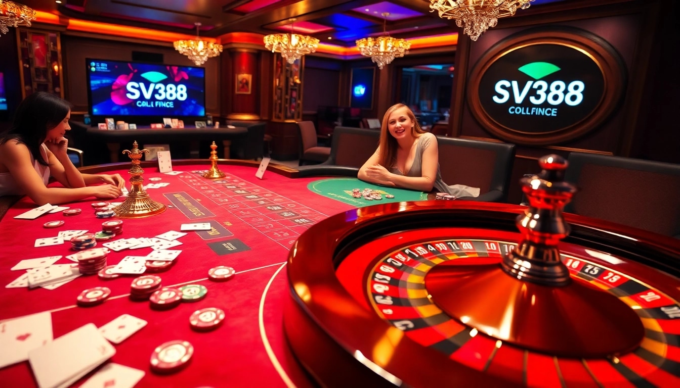 Players enjoying a thrilling game at SV388 casino table, showcasing excitement and strategy.