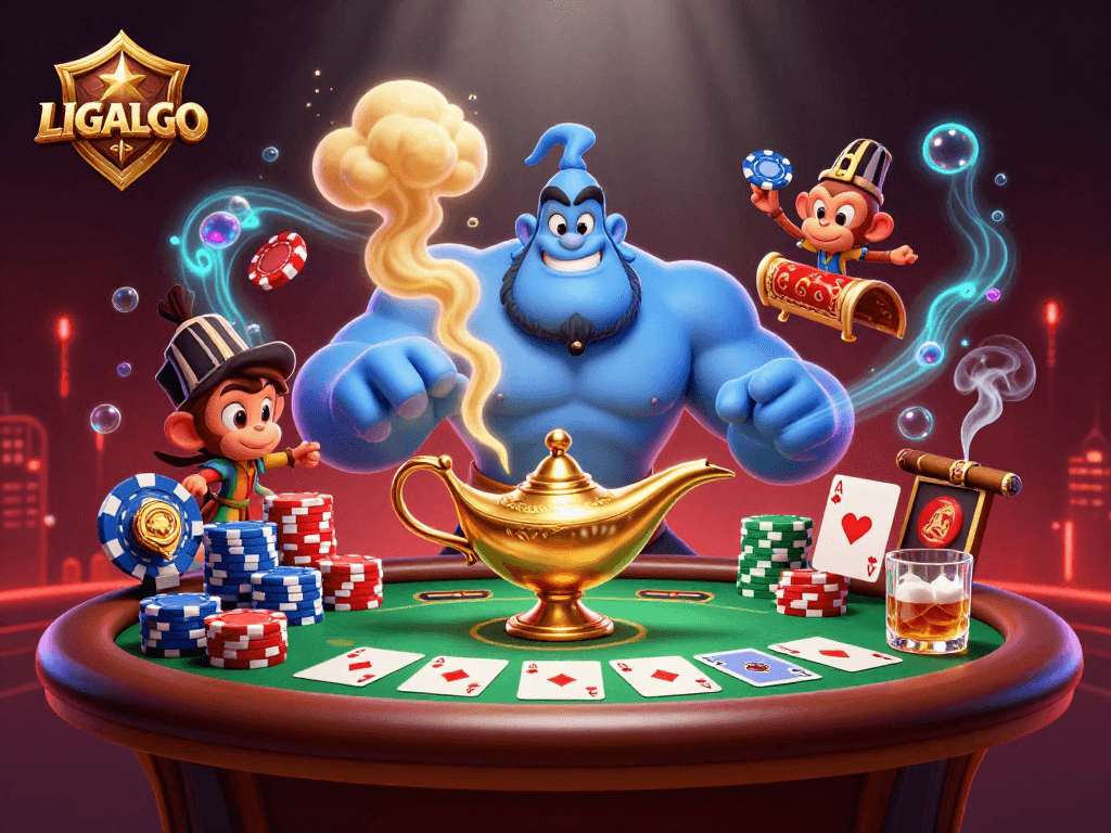LIGALGO showcases an engaging scene with a genie, monkey, and poker chips, enhancing your gaming experience.