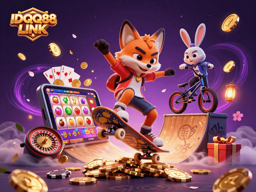 IDQQ88 LINK, a fox and rabbit in a thrilling casino scene with slot games and rich visuals.