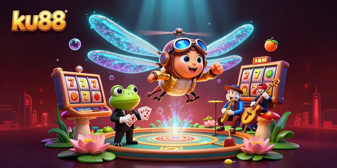 ku88 engages players at an animated casino with a dragonfly pilot and frog croupier amidst slots.