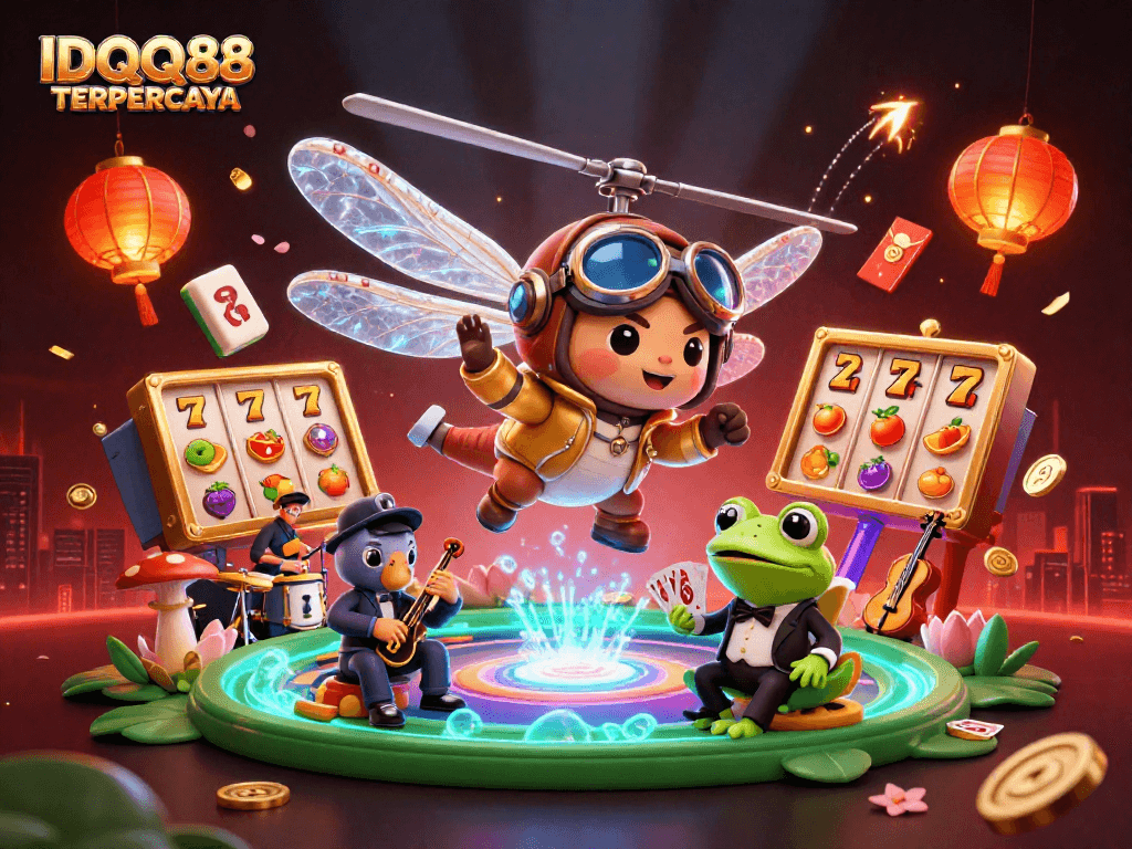 IDQQ88 TERPERCAYA brings casino excitement alive with a dragonfly pilot and a frog croupier in an engaging scene.