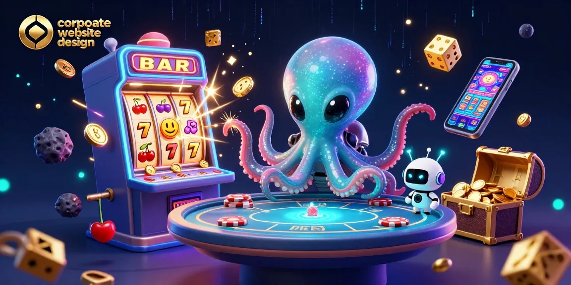 Engage with dynamic corporate website design featuring a thrilling casino scene with an alien octopus and poker elements