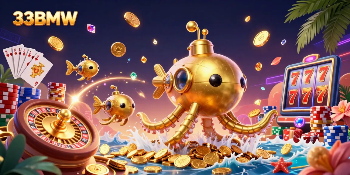 Engage in excitement with 33BMW's vibrant casino world filled with gold coins and gaming elements.