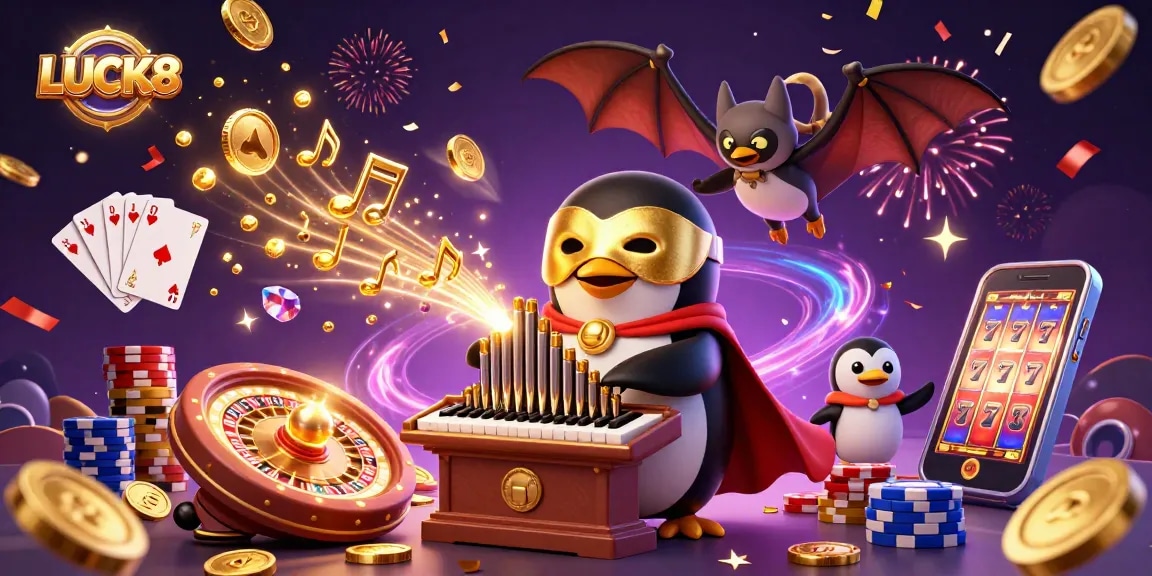 Experience LUCK8 with a vibrant illustration showcasing a whimsical scene of casino elements and characters.