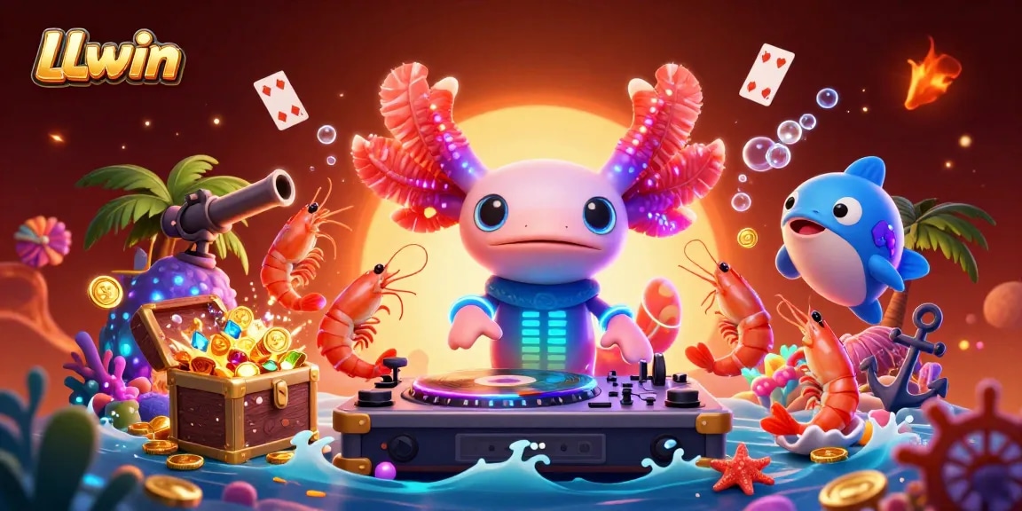 Spin to win at LLwin with vibrant underwater casino characters and gold treasure!