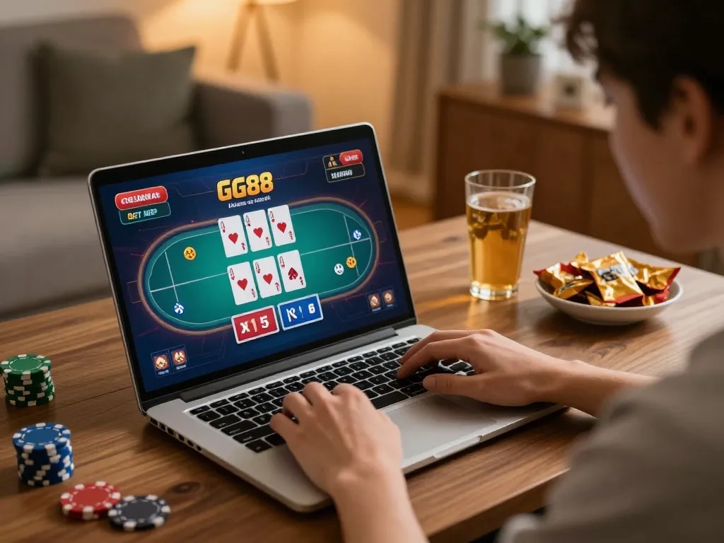 Player engaging with GG88 online casino, showcasing dynamic poker gameplay on laptop with cozy home ambiance.