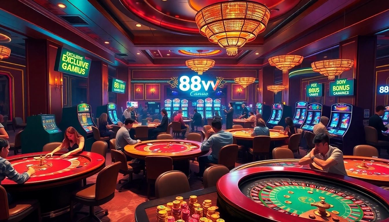 Exciting players at 88vv engaging with vibrant casino games under warm lights.