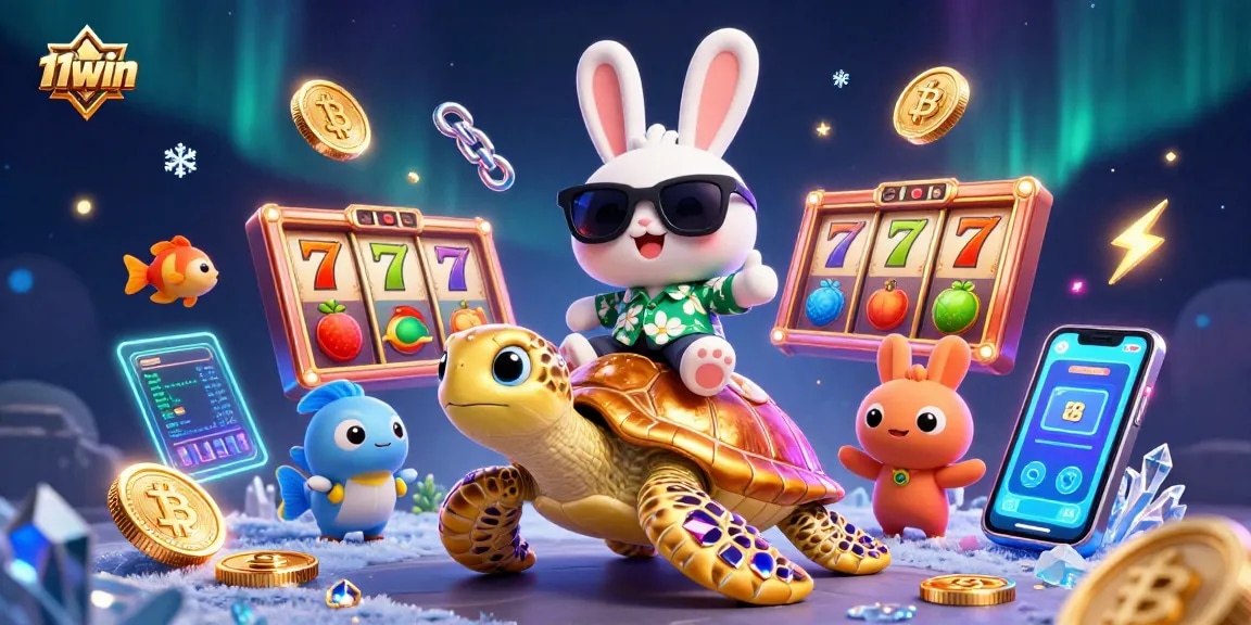 Engage in thrilling casino fun at 11win with vibrant 3D illustrations of slots and crypto!