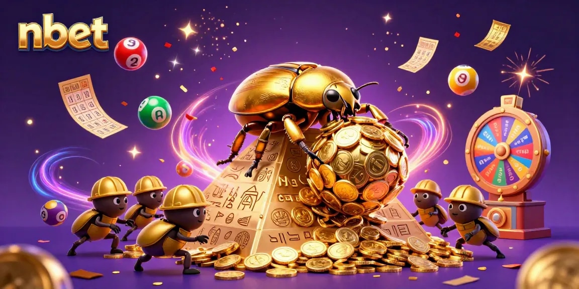 Join the nbet excitement with golden beetles rolling coins in a vibrant casino scene.