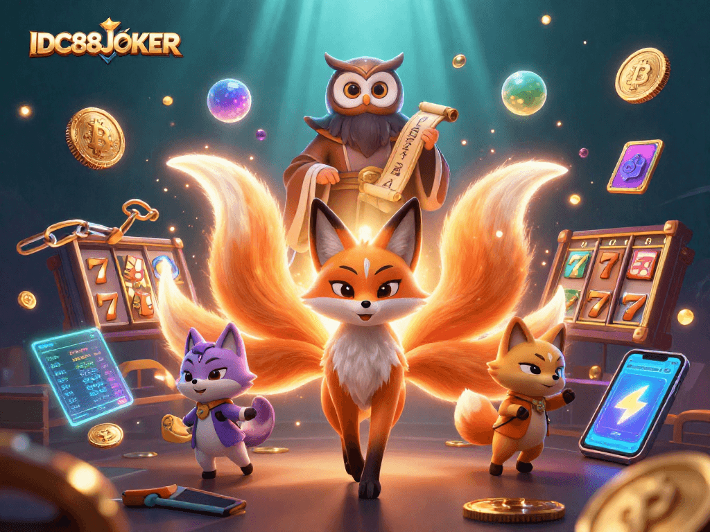 Experience the excitement of IDC88JOKER with a vibrant 3D illustration showcasing slot and crypto elements.