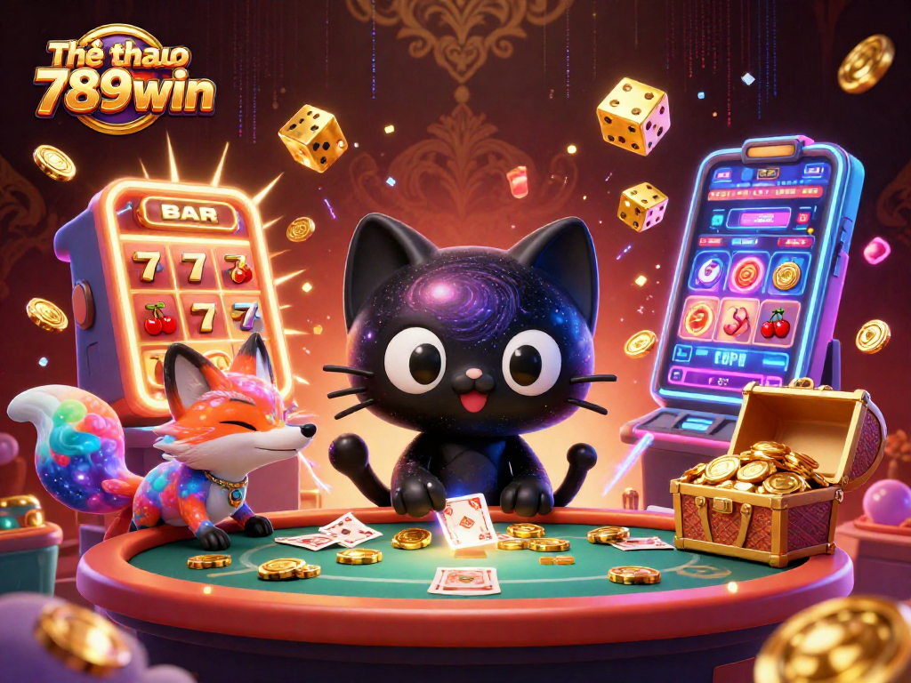 Experience Thể thao 789win with vibrant casino action featuring a cosmic cat and colorful fox, brilliant jackpot visuals.