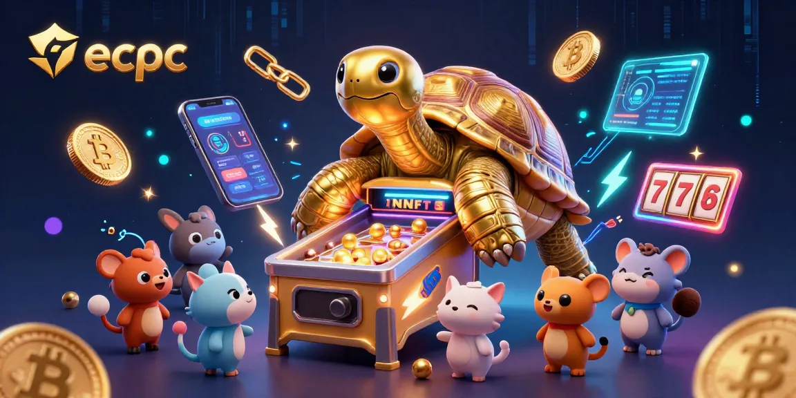 Engage with ecpc's vibrant casino scene, featuring a golden tortoise pinball machine and dynamic crypto elements.