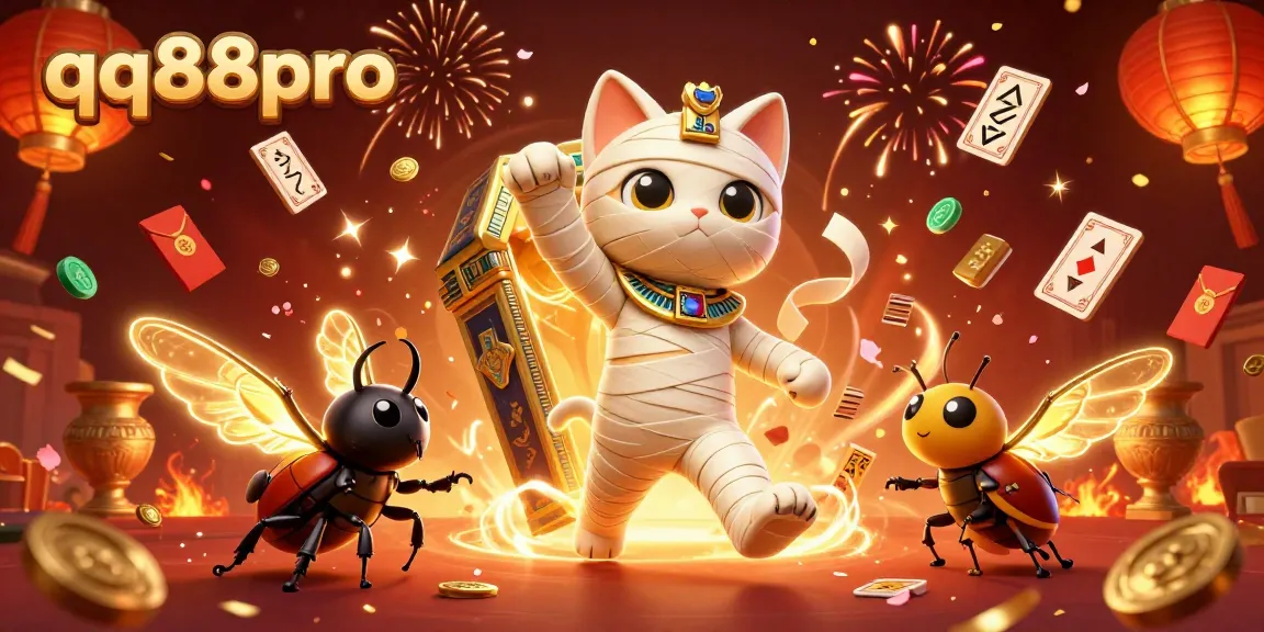 Experience thrilling gaming at qq88pro with an Egyptian mummy cat emerging from a golden casino sarcophagus.