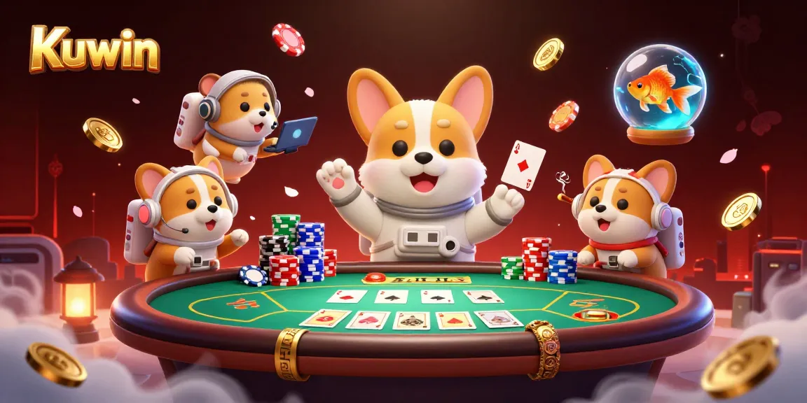 Kuwin's astronaut corgi explores a vibrant space casino filled with floating poker chips and game elements.