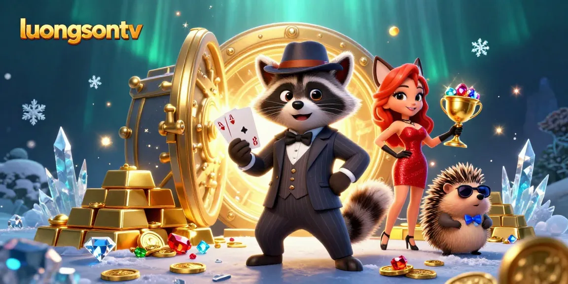 Experience the thrill of winning at luongsontv with a charming raccoon and his companions in a vibrant casino scene.