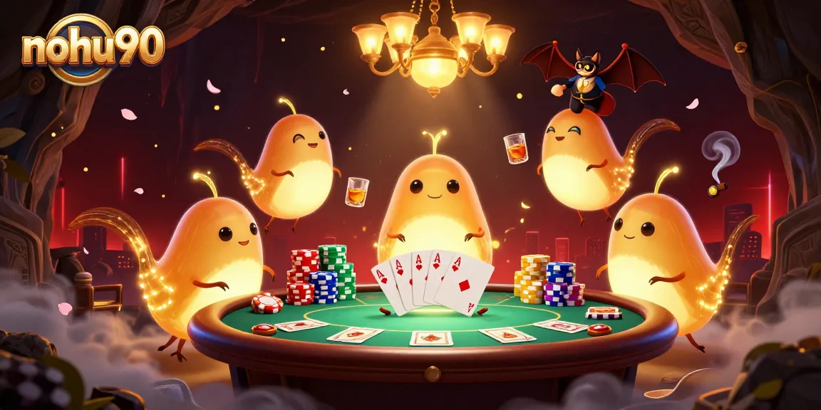 Nohu90 casino scene with glowworms lighting up a poker table, showcasing vibrant gameplay.