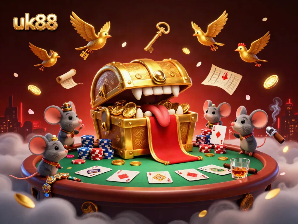 Experience excitement at uk88 with a golden treasure chest captivating adventurer mice in a vibrant poker scene.